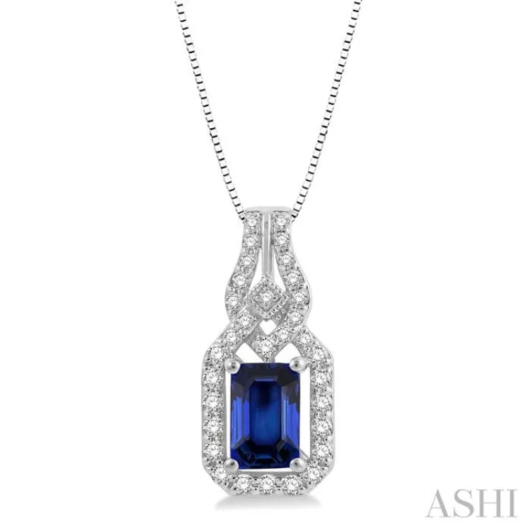 1/5 Ctw Interlocking Round Cut Diamond & 6x4MM Emerald Cut Sapphire Precious Pendant With Chain in 14K White Gold