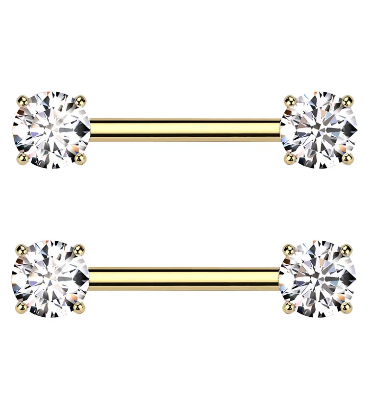 Gold PVD Prong Clear CZ Threadless Titanium Nipple Barbells