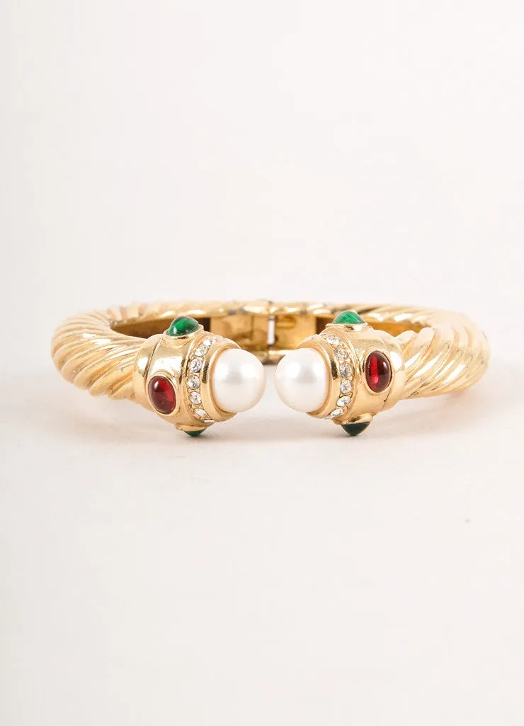 Gold Toned Bangle with Gem and Rhinestone Details