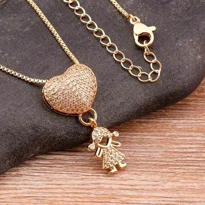 JC - Family Heart Pendant Necklace: Gold with cubic zirconia, ideal for mothers from son and daughter