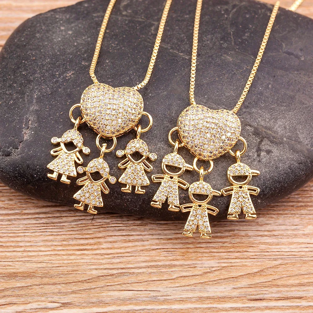 JC - Family Heart Pendant Necklace: Gold with cubic zirconia, ideal for mothers from son and daughter