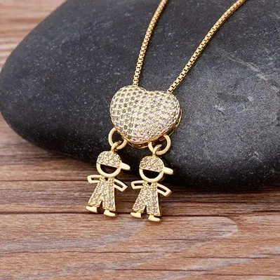 JC - Family Heart Pendant Necklace: Gold with cubic zirconia, ideal for mothers from son and daughter