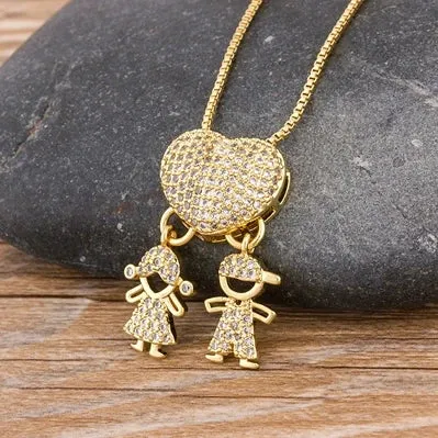 JC - Family Heart Pendant Necklace: Gold with cubic zirconia, ideal for mothers from son and daughter