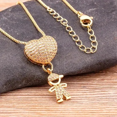 JC - Family Heart Pendant Necklace: Gold with cubic zirconia, ideal for mothers from son and daughter