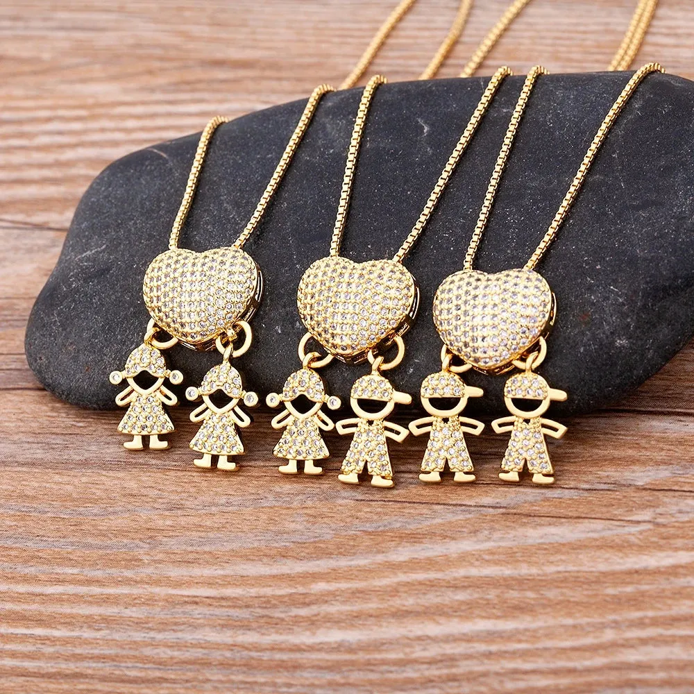 JC - Family Heart Pendant Necklace: Gold with cubic zirconia, ideal for mothers from son and daughter