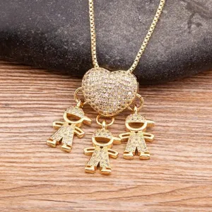 JC - Family Heart Pendant Necklace: Gold with cubic zirconia, ideal for mothers from son and daughter