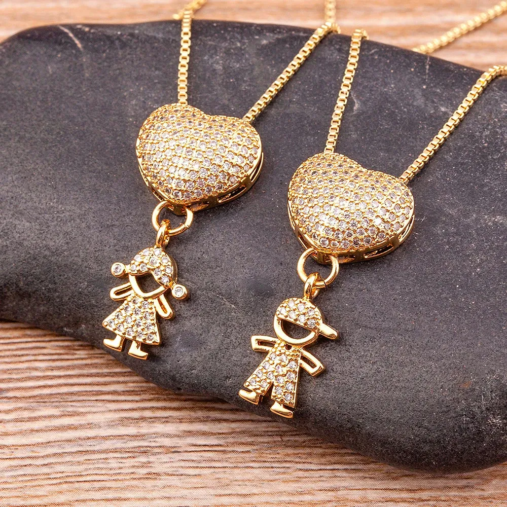 JC - Family Heart Pendant Necklace: Gold with cubic zirconia, ideal for mothers from son and daughter