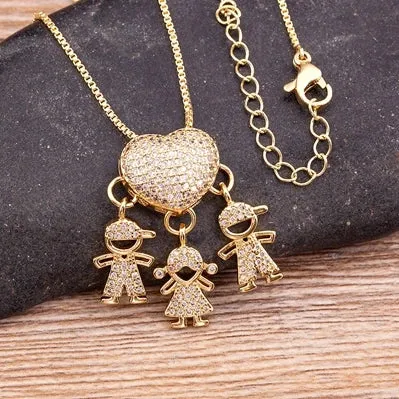 JC - Family Heart Pendant Necklace: Gold with cubic zirconia, ideal for mothers from son and daughter