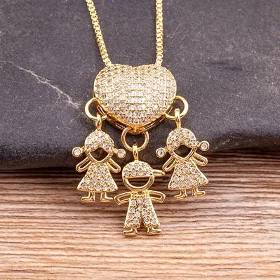 JC - Family Heart Pendant Necklace: Gold with cubic zirconia, ideal for mothers from son and daughter