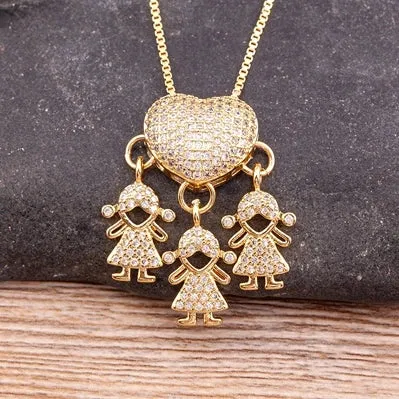 JC - Family Heart Pendant Necklace: Gold with cubic zirconia, ideal for mothers from son and daughter