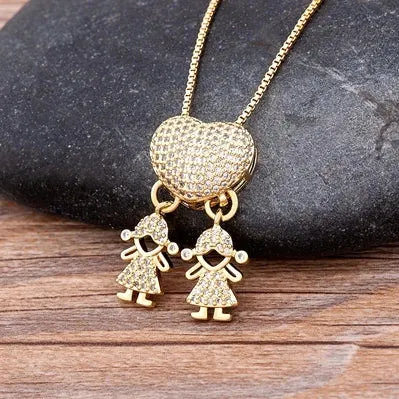 JC - Family Heart Pendant Necklace: Gold with cubic zirconia, ideal for mothers from son and daughter