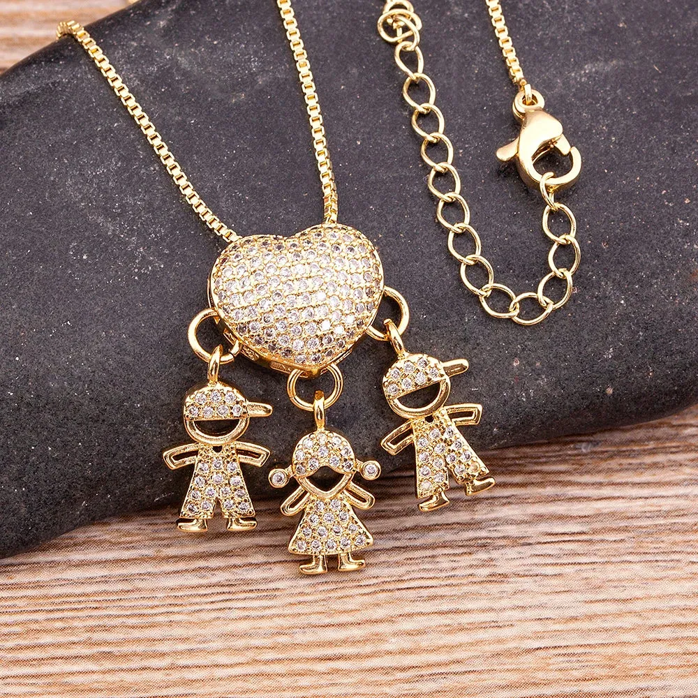 JC - Family Heart Pendant Necklace: Gold with cubic zirconia, ideal for mothers from son and daughter