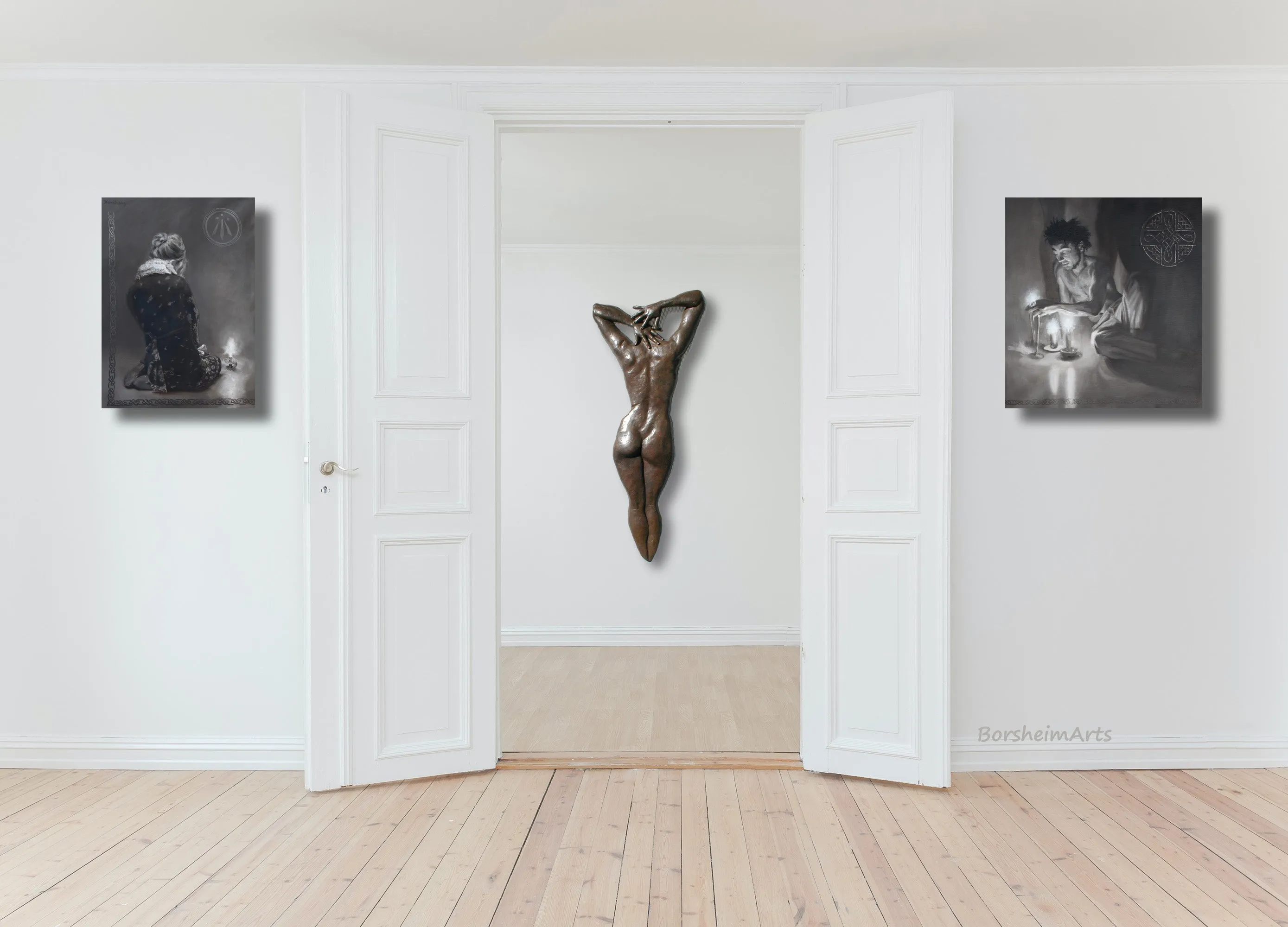 Luminosity Diptych Painting Man Woman Candles Celtic Symbols Monochromatic Awen