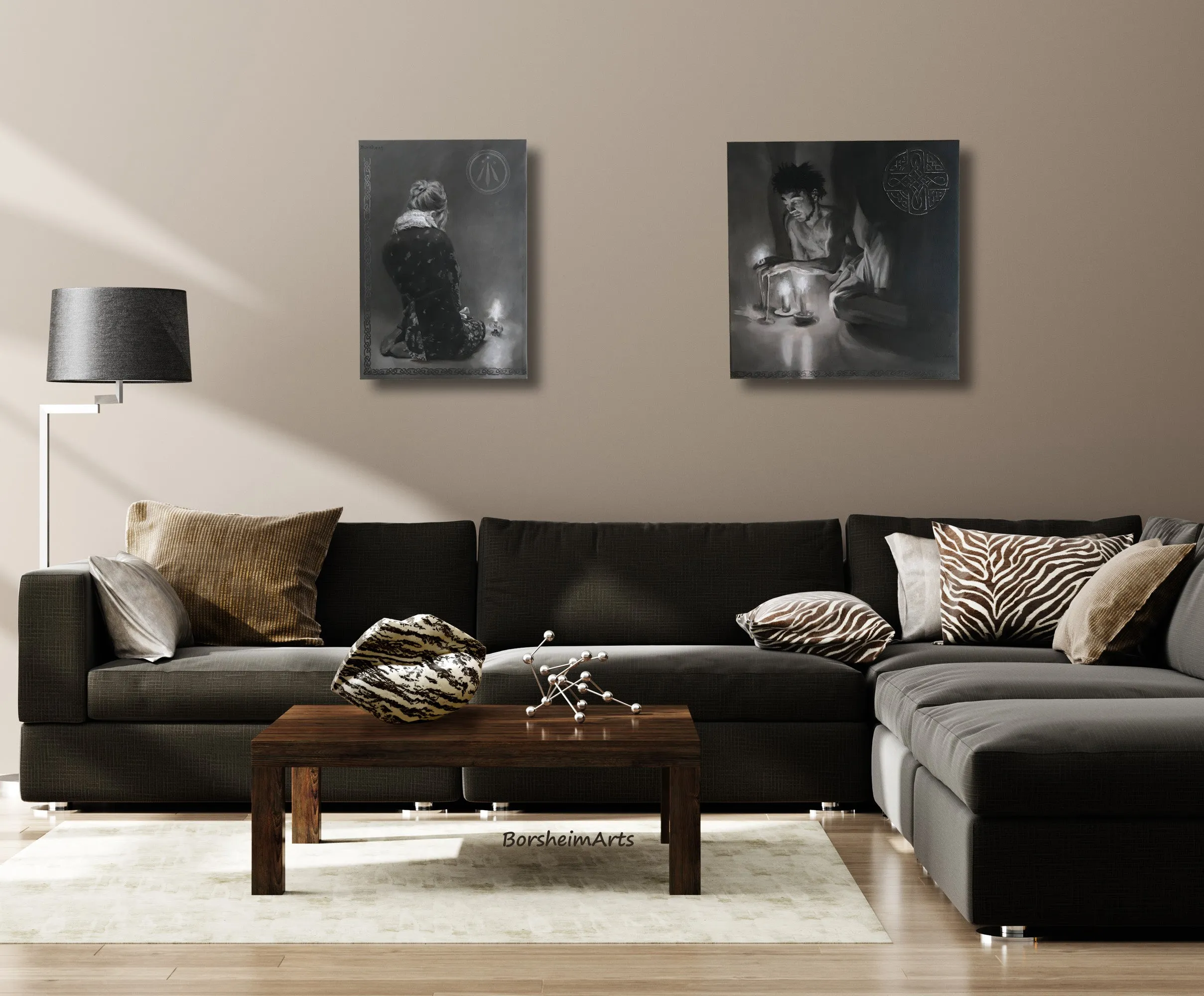 Luminosity Diptych Painting Man Woman Candles Celtic Symbols Monochromatic Awen