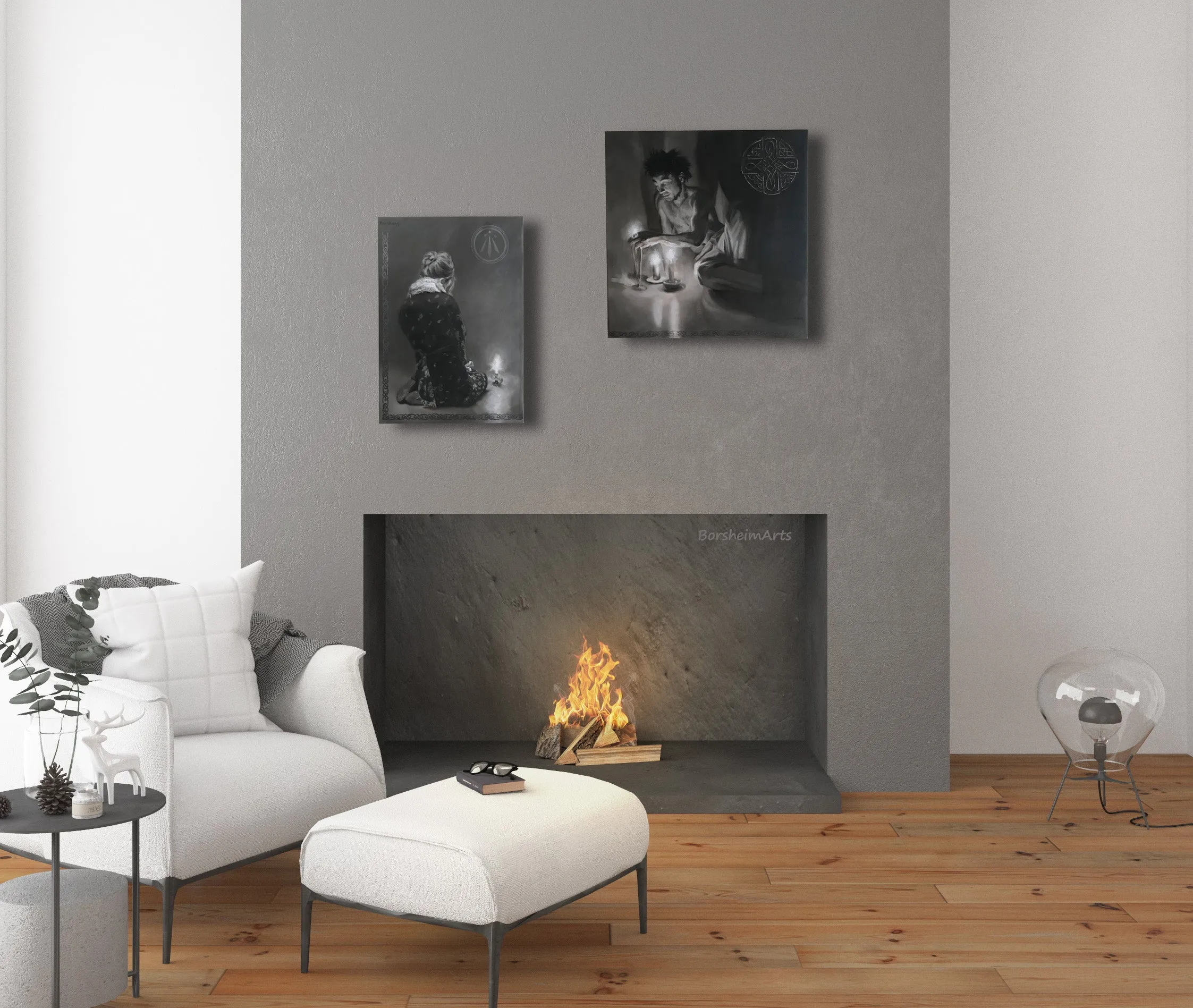 Luminosity Diptych Painting Man Woman Candles Celtic Symbols Monochromatic Awen