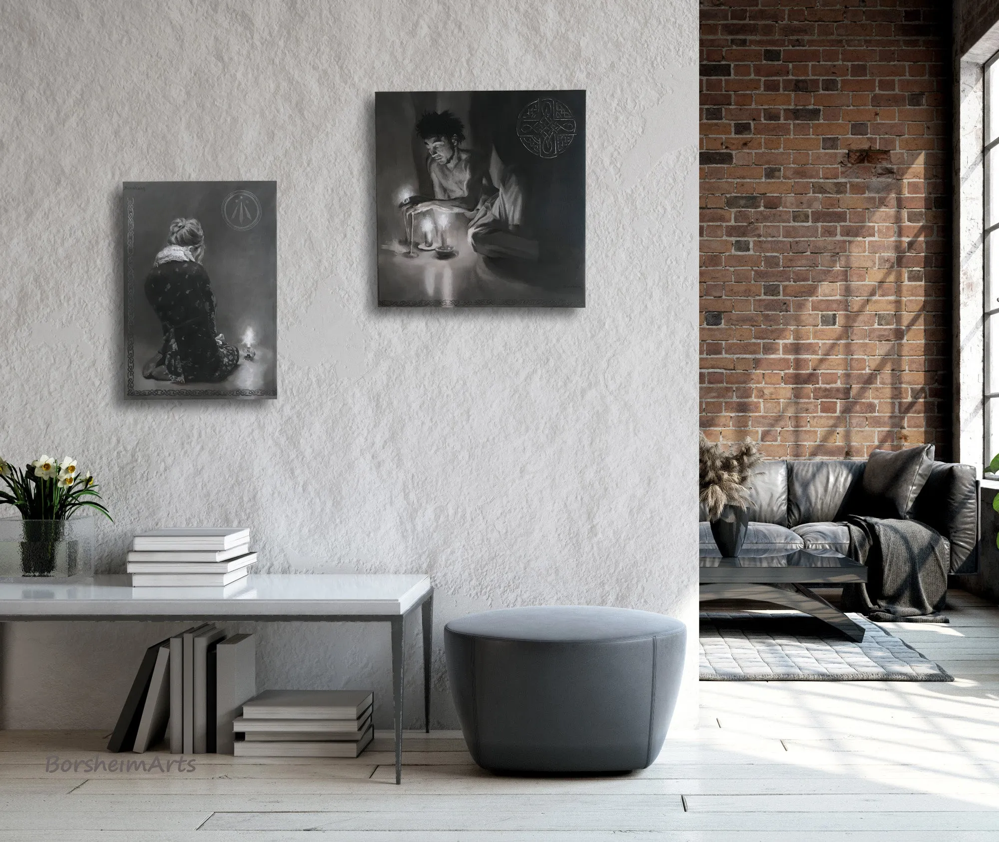 Luminosity Diptych Painting Man Woman Candles Celtic Symbols Monochromatic Awen