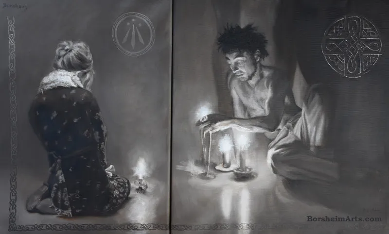 Luminosity Diptych Painting Man Woman Candles Celtic Symbols Monochromatic Awen