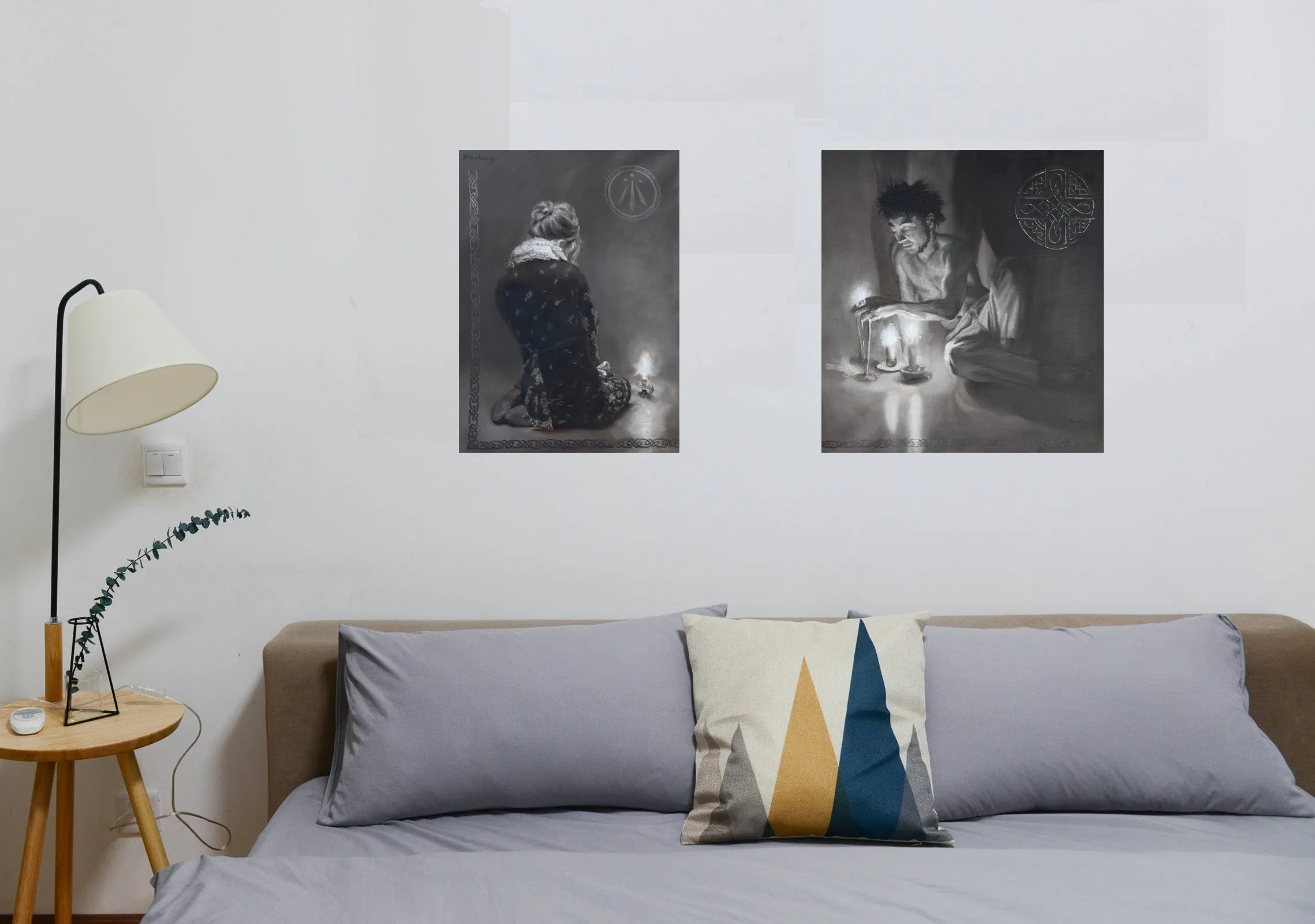 Luminosity Diptych Painting Man Woman Candles Celtic Symbols Monochromatic Awen