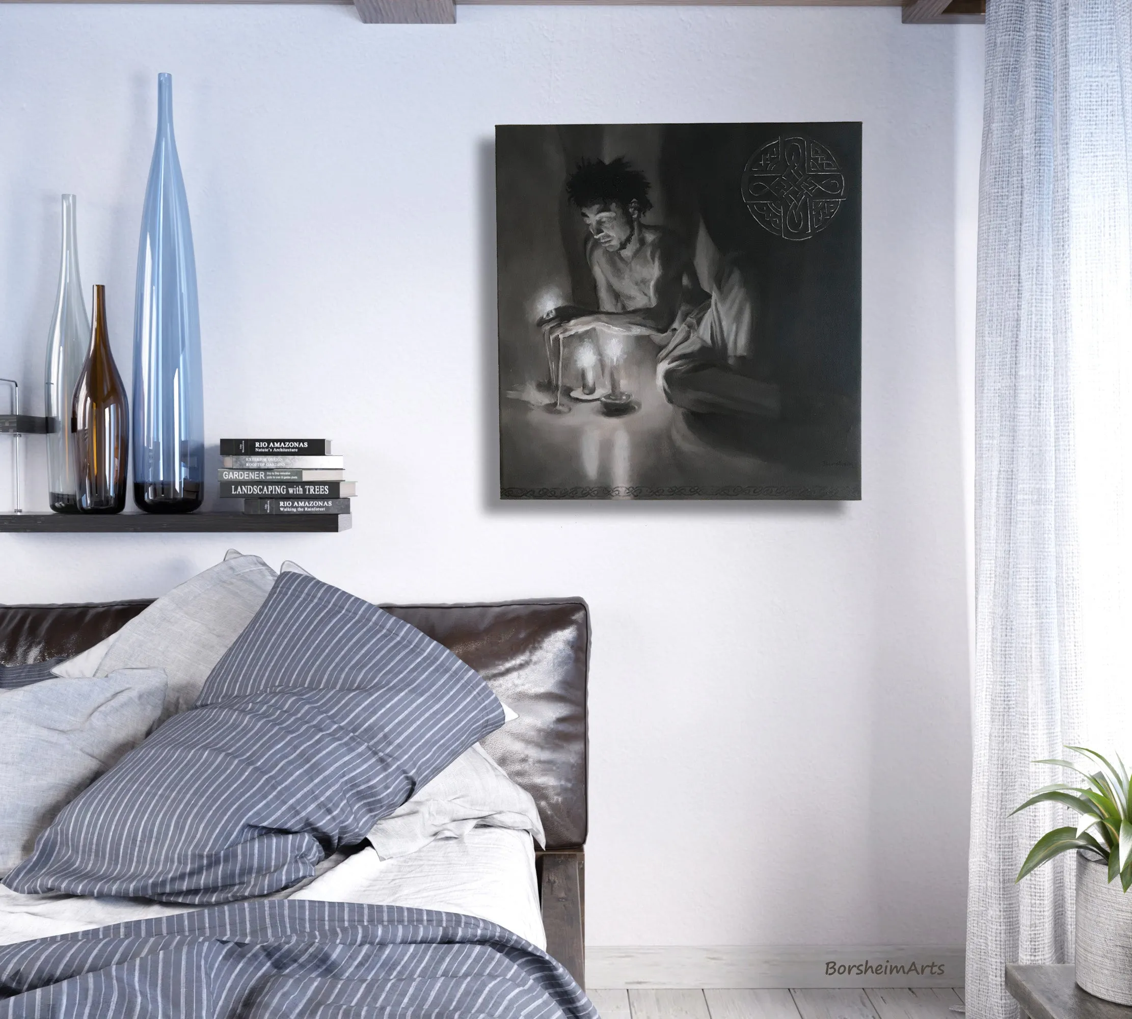 Luminosity Diptych Painting Man Woman Candles Celtic Symbols Monochromatic Awen