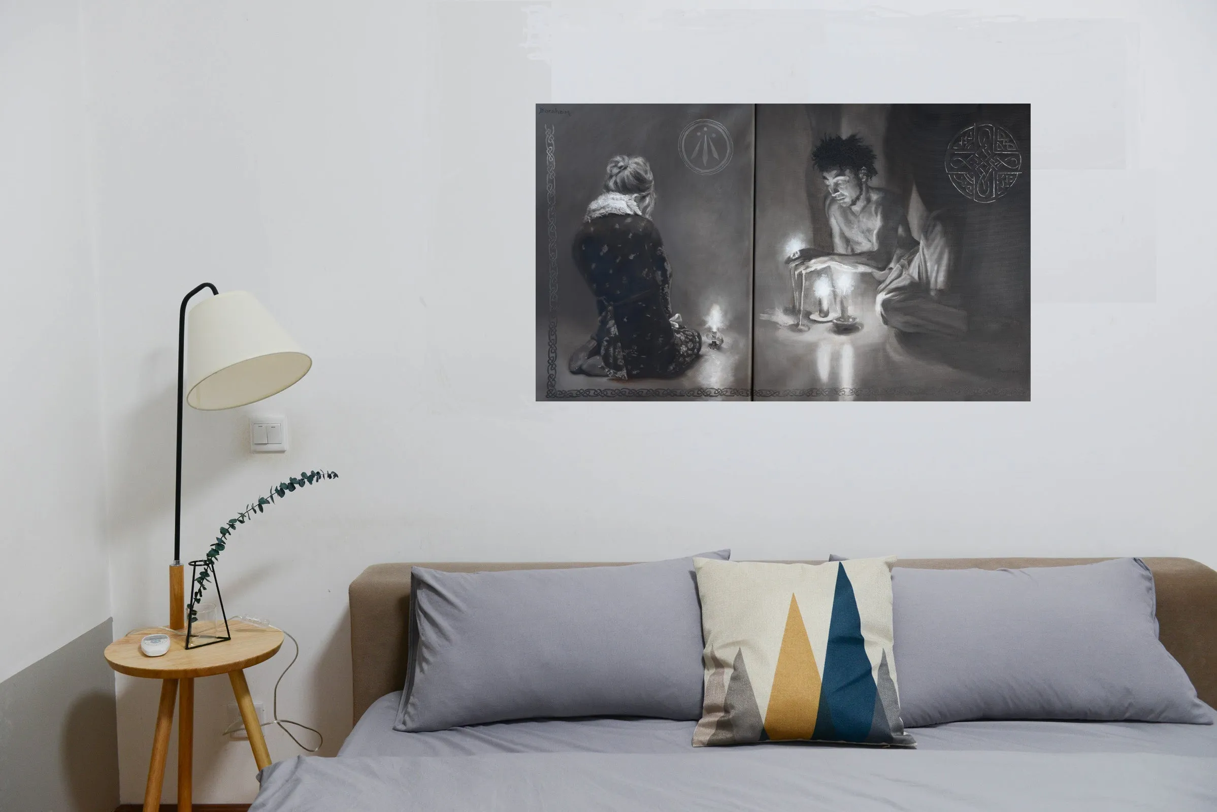 Luminosity Diptych Painting Man Woman Candles Celtic Symbols Monochromatic Awen