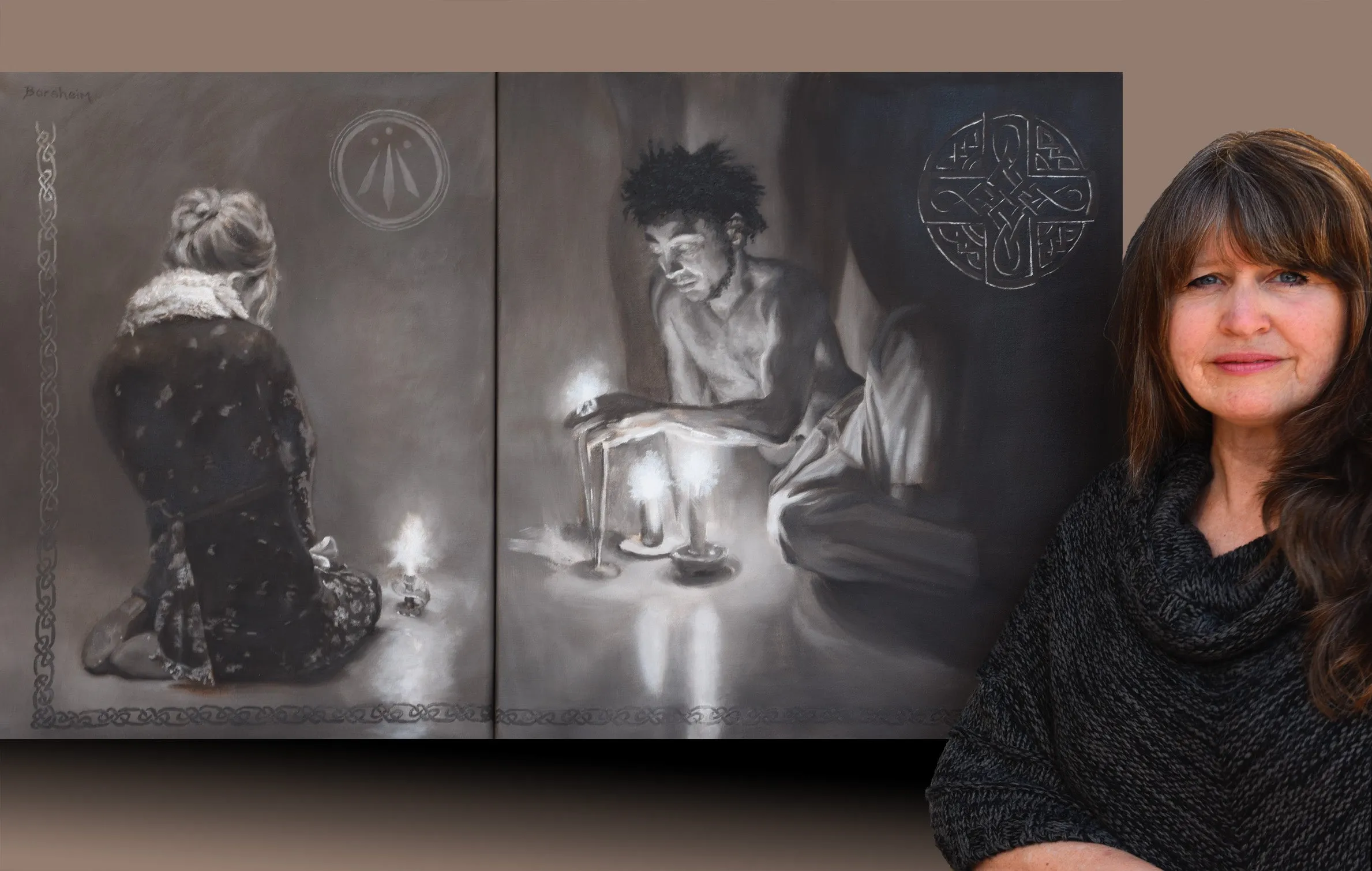 Luminosity Diptych Painting Man Woman Candles Celtic Symbols Monochromatic Awen
