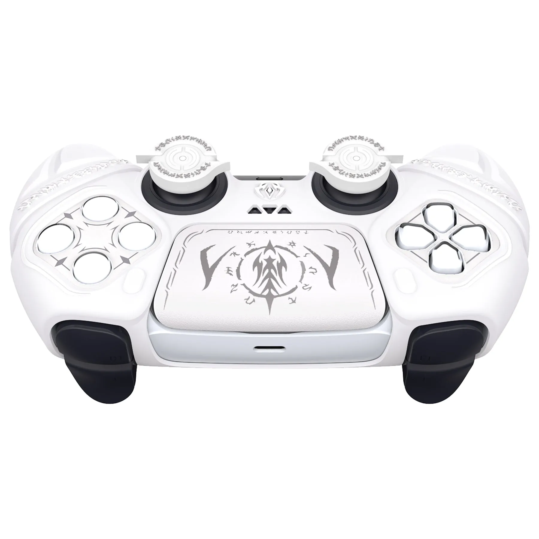 PlayVital Runes Edition Silicone Cover Skin for PS5 Controller with Thumb Grips & Touchpad Skin & D-pad Area Sticker, Compatible with PS5 Charging Dock - White - FVEPFP002
