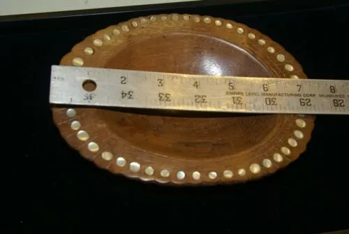STUNNING ONE OF A KIND HAND CARVED KWILA WOOD MUSEUM MASTERPIECE SERVING PLATTER DISH BOWL WITH MOTHER OF PEARL INSERTS & FESTON BORDER TRIBAL SCULPTOR REMOTE TROBRIAND ISLANDS MELANESIA SOUTH PACIFIC COLLECTOR DESIGNER 2A6A  8”X 6” X 2”