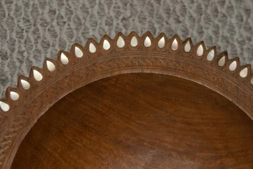 STUNNING ONE OF A KIND HAND CARVED ROSEWOOD MUSEUM MASTERPIECE SERVING PLATTER DISH BOWL WITH MOTHER OF PEARL INSERTS & DELICATE LACY BORDER RENOWNED SCULPTOR REMOTE TROBRIAND ISLANDS MELANESIA KULA RING COLLECTOR DESIGNER 2A45 13”X 4”