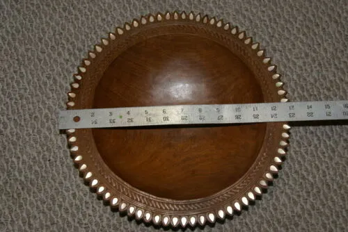 STUNNING ONE OF A KIND HAND CARVED ROSEWOOD MUSEUM MASTERPIECE SERVING PLATTER DISH BOWL WITH MOTHER OF PEARL INSERTS & DELICATE LACY BORDER RENOWNED SCULPTOR REMOTE TROBRIAND ISLANDS MELANESIA KULA RING COLLECTOR DESIGNER 2A45 13”X 4”